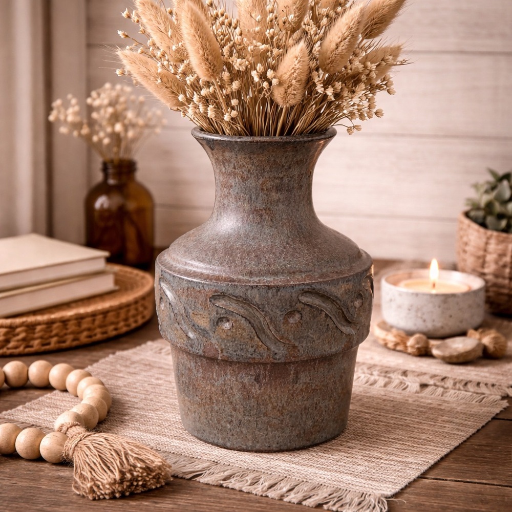 Vintage‎ Studio Pottery Vase Textured Embossed Wave Design